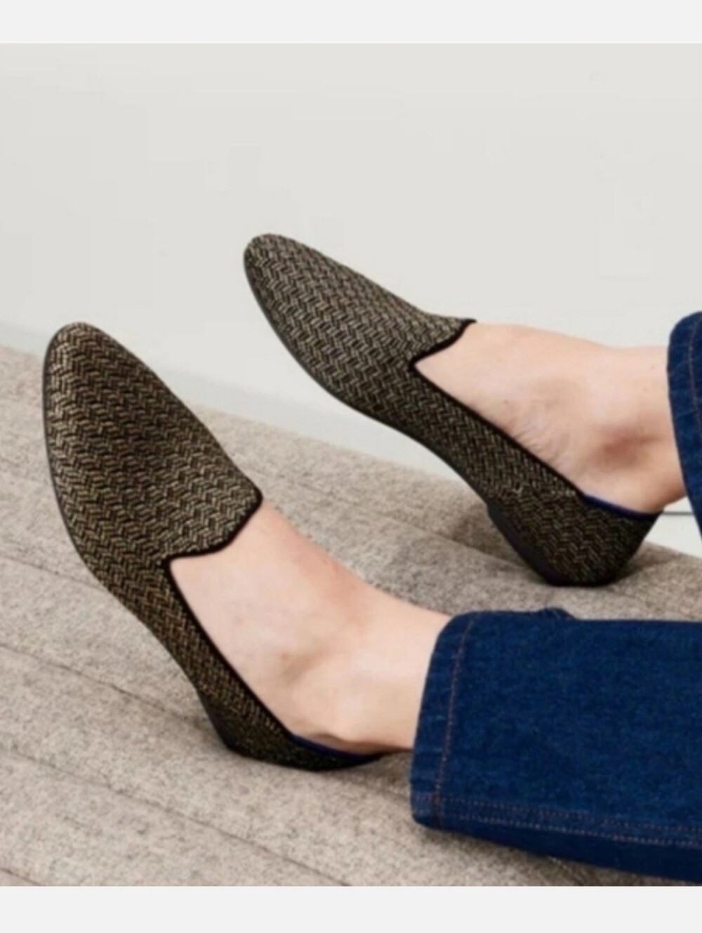 Rothy's Woven Almond Loafer Flats in Black and Gold